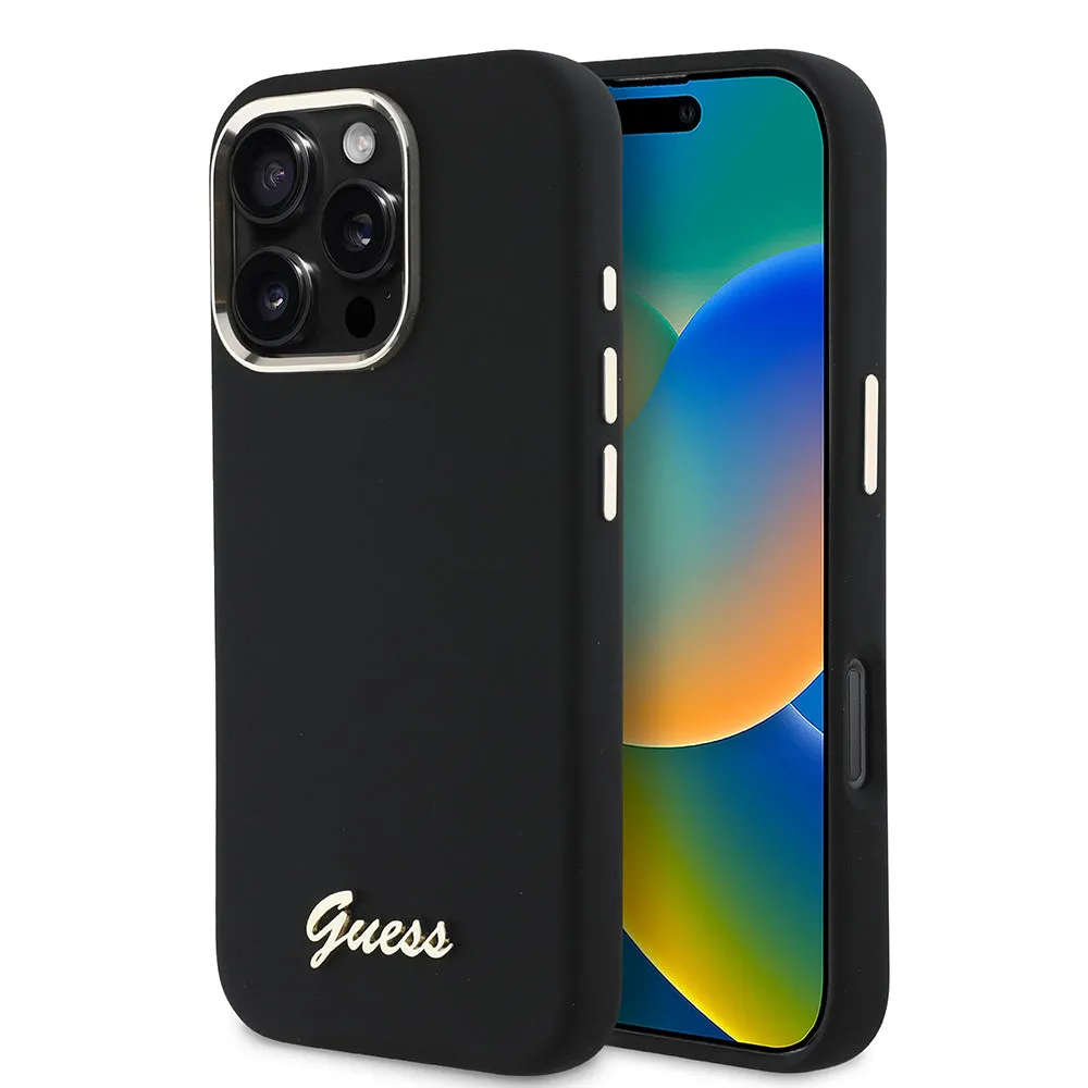 Custodia per Apple iPhone 16 Pro, Guess, Script Metal Logo & Frame, Nera - immagine 1