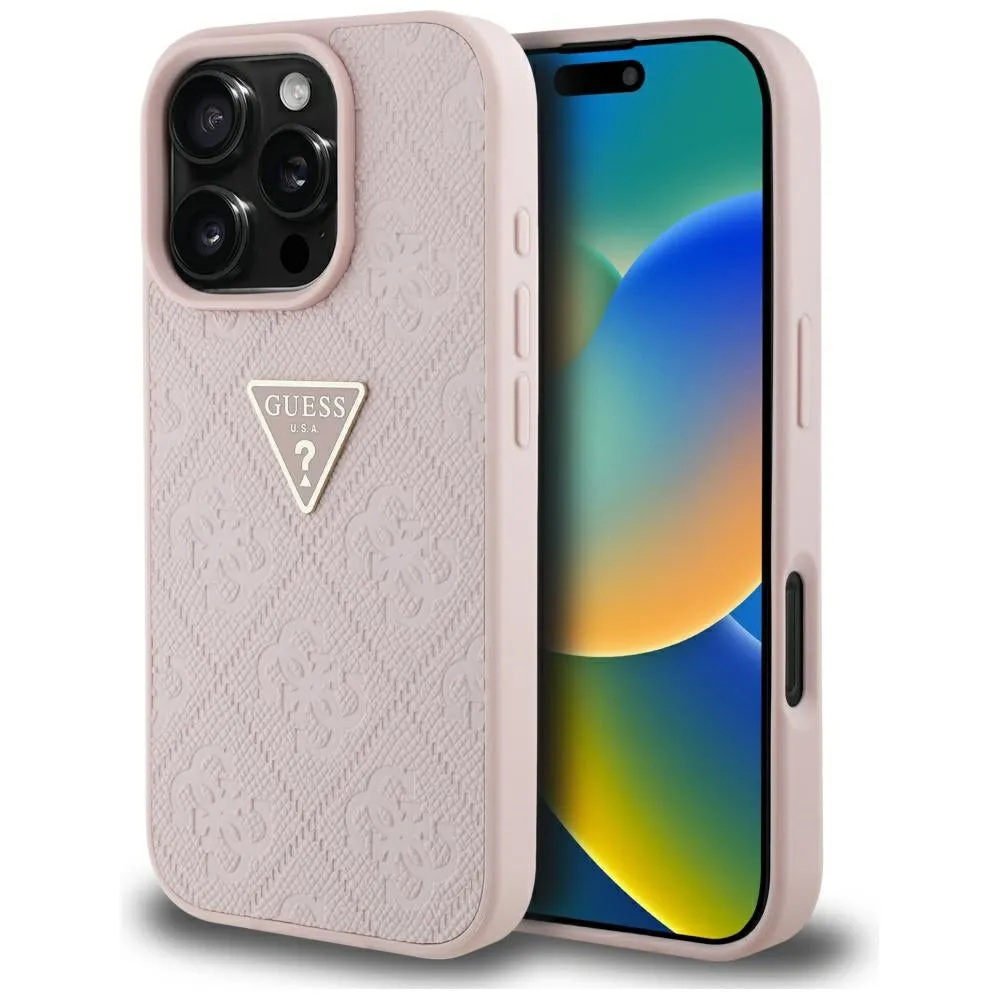 Custodia per Apple iPhone 16 Pro, Guess, Hot Stamp 4G Pattern Triangle Logo, Rosa - immagine 1