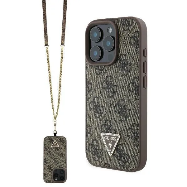 Custodia per Apple iPhone 16 Pro, Guess, Crossbody 4G Triangle Strass, Marrone - immagine 1