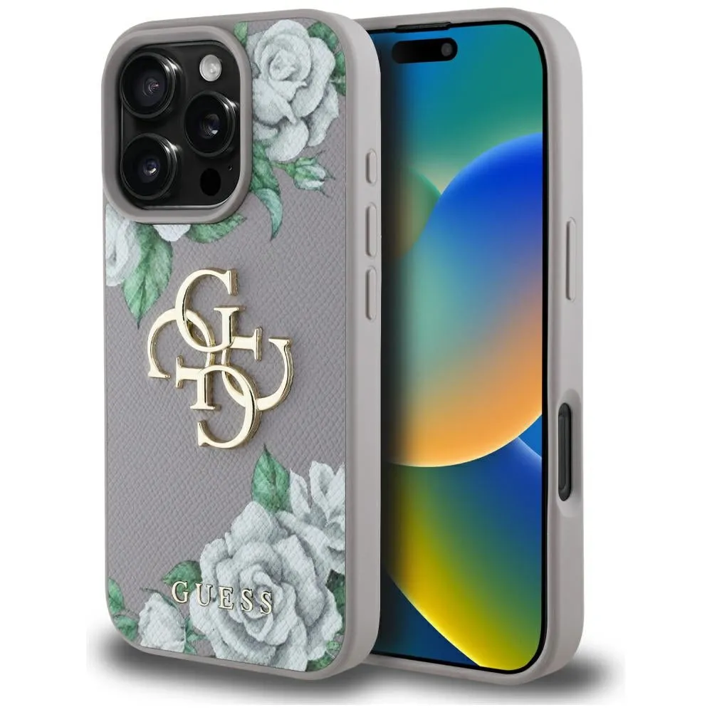 Custodia per Apple iPhone 16 Pro, Guess, 4G Grained Roses Big Logo, Viola - immagine 1