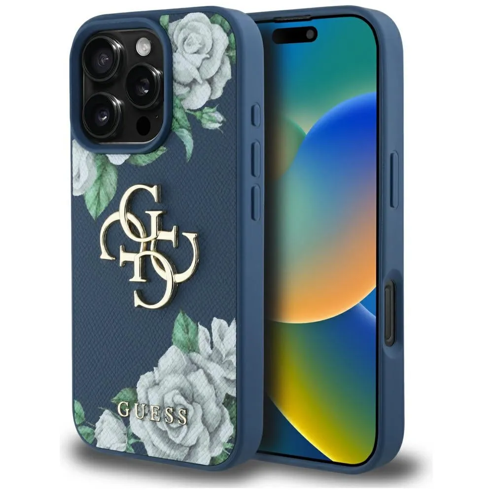 Custodia per Apple iPhone 16 Pro, Guess, 4G Grained Roses Big Logo, Blu - immagine 1