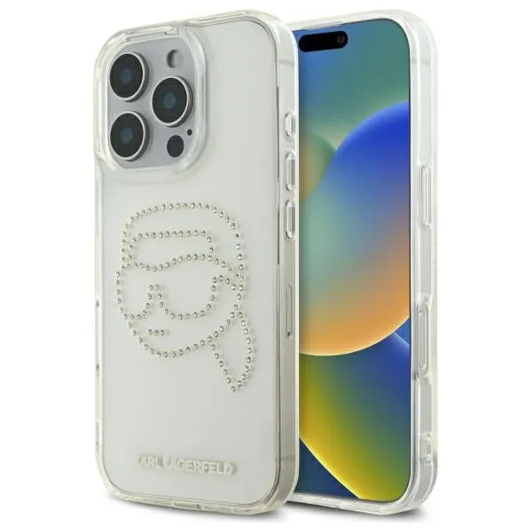 Custodia per Apple iPhone 16 Pro Max, Karl Lagerfeld, IML Rhinestones Karl's Head, Trasparente - immagine 1