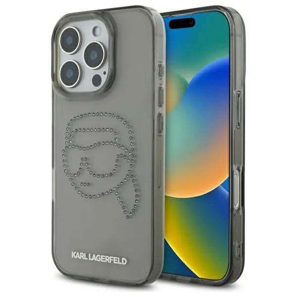 Custodia per Apple iPhone 16 Pro Max, Karl Lagerfeld, IML Rhinestones Karl's Head, Nera - immagine 1