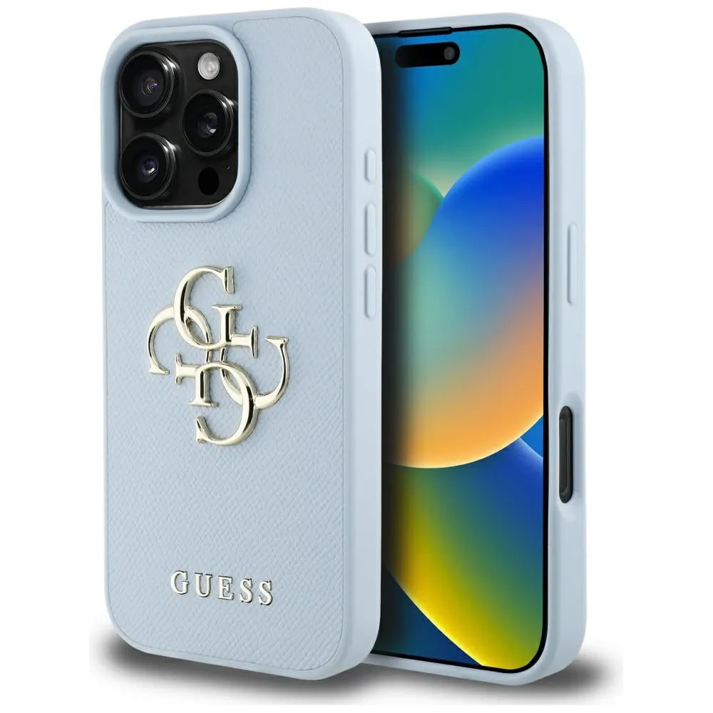 Custodia per Apple iPhone 16 Pro Max, Guess, Grained Big 4G Logo Small Classic Logo, Blu - immagine 1