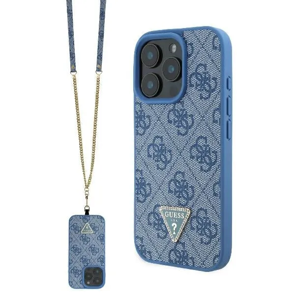 Custodia per Apple iPhone 16 Pro Max, Guess, Crossbody 4G Triangle Strass, Blu - immagine 1