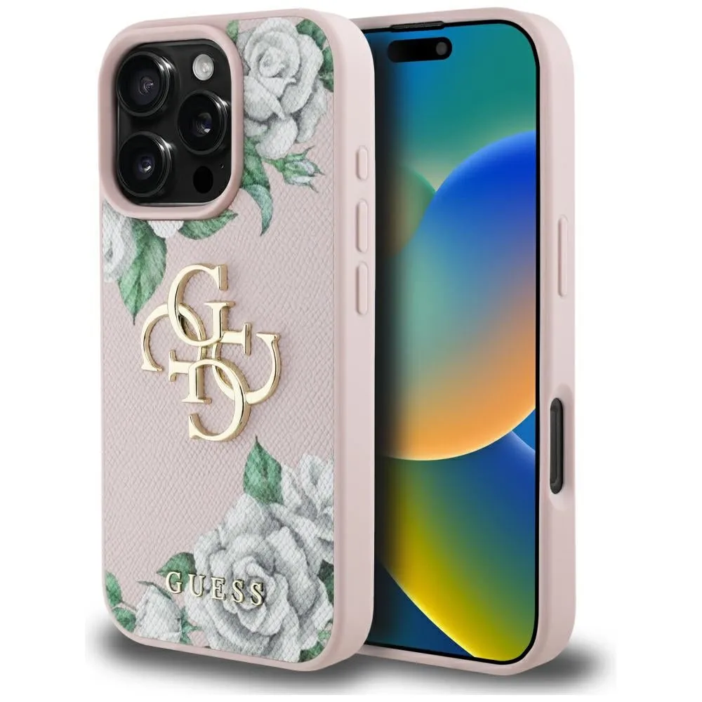 Custodia per Apple iPhone 16 Pro Max, Guess, 4G Grained Roses Big Logo, Rosa - immagine 1