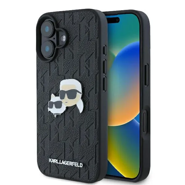 Custodia per Apple iPhone 16 Plus, Karl Lagerfeld, Monogramma Karl & Choupette's Heads, Nera - immagine 1