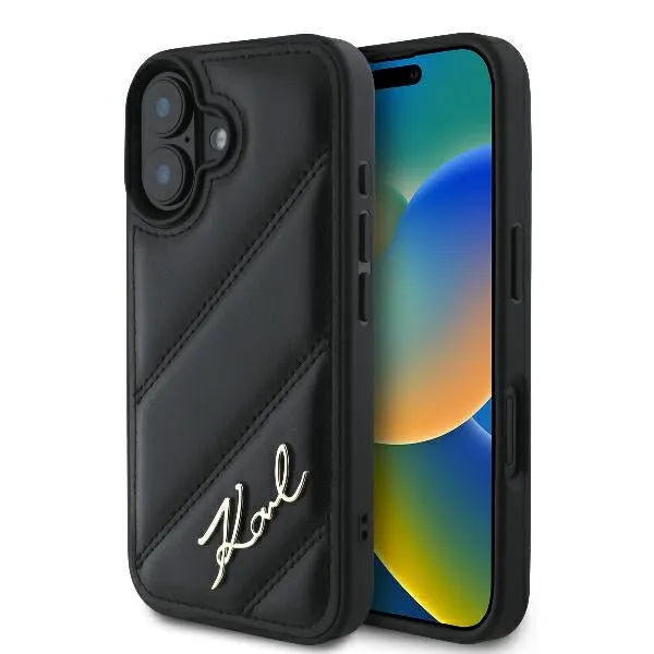Custodia per Apple iPhone 16 Plus, Karl Lagerfeld, Diagonal Quilted Script, Nera - immagine 1
