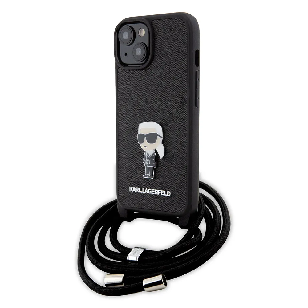 Custodia per Apple iPhone 15, Karl Lagerfeld, Saffiano Crossbody Monogram Metal Pin Karl, Nera - immagine 1