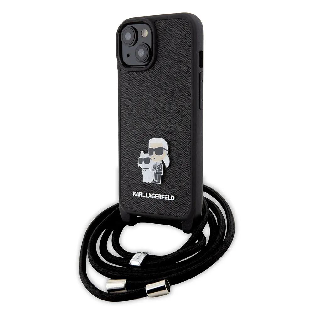 Custodia per Apple iPhone 15, Karl Lagerfeld, Saffiano Crossbody Metal Pin Karl & Choupette, Nera - immagine 1