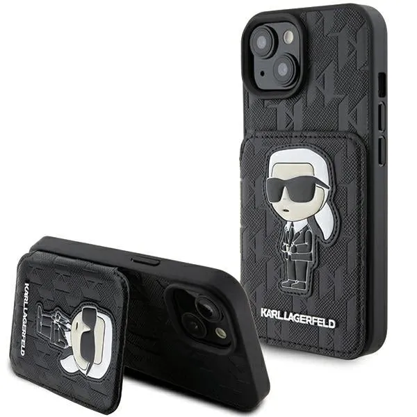 Custodia per Apple iPhone 15, Karl Lagerfeld, Saffiano Cardslots and Stand Monogram Ikonik Karl, Nera - immagine 1