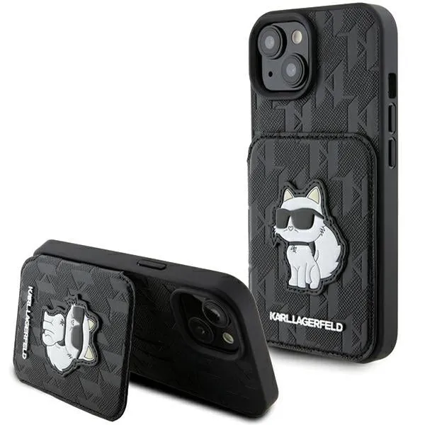 Custodia per Apple iPhone 15, Karl Lagerfeld, Saffiano Cardslots and Stand Monogram Choupette, Nera - immagine 1