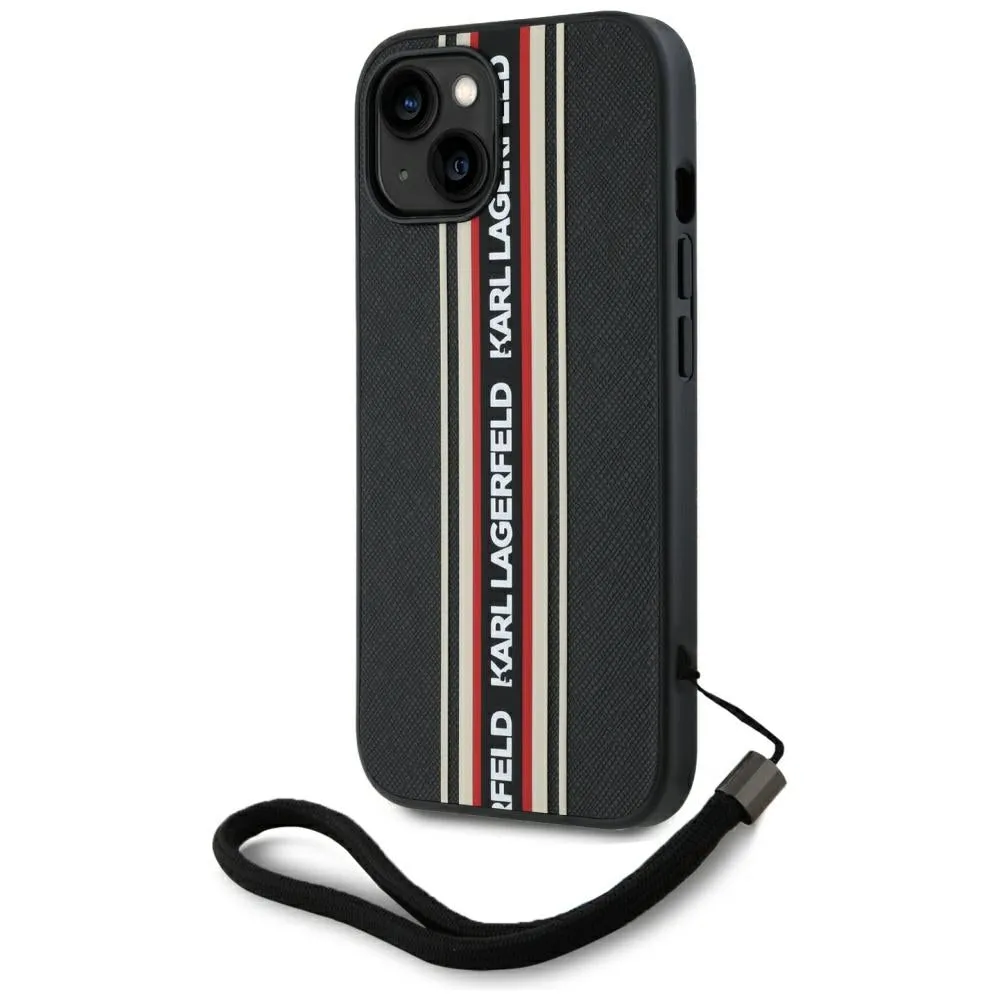 Custodia per Apple iPhone 15, Karl Lagerfeld, Saffiano Athleisure Stripes con Cinturino, Rosie - immagine 1