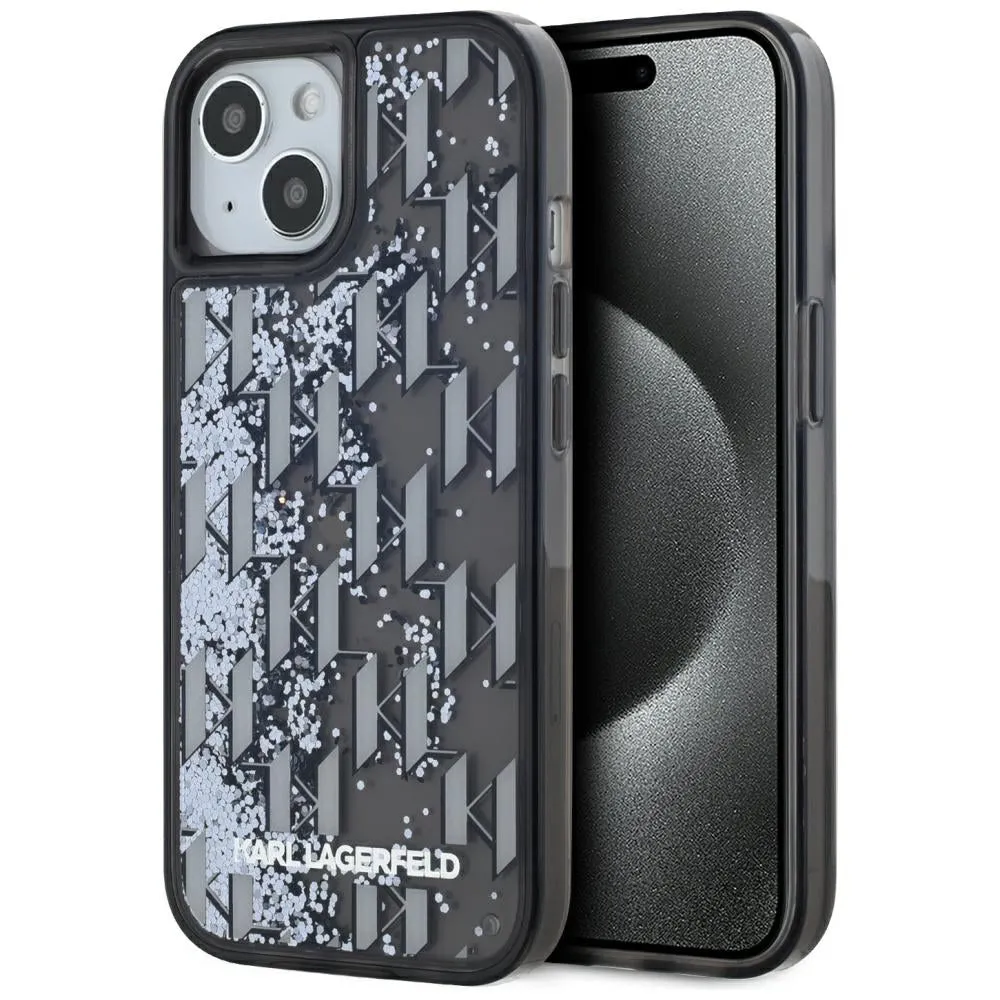 Custodia per Apple iPhone 15, Karl Lagerfeld, Liquid Glitter Monogram, Nera - immagine 1