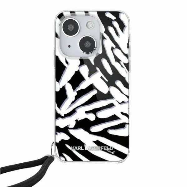 Custodia per Apple iPhone 15, Karl Lagerfeld, IML Luxury Zebra Pattern con Cinturino, Nera - immagine 1
