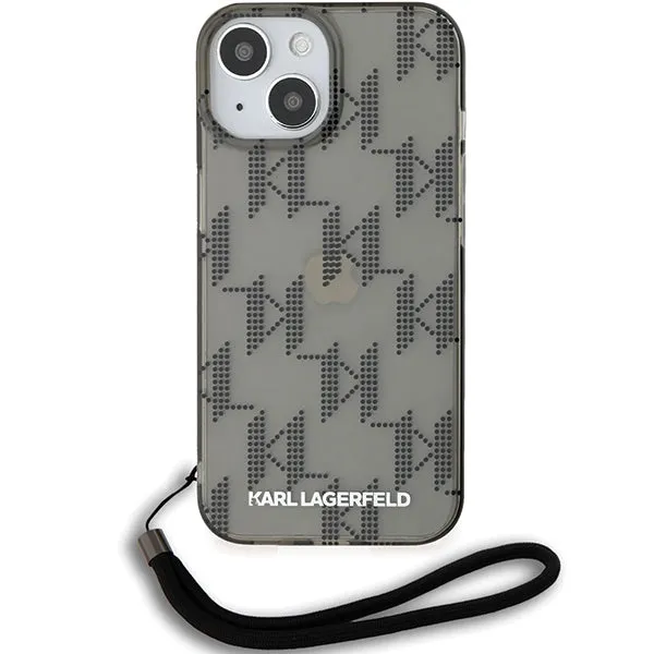 Custodia per Apple iPhone 15, Karl Lagerfeld, IML Luxury Monogram KL Pattern con Cinturino, Nera - immagine 1