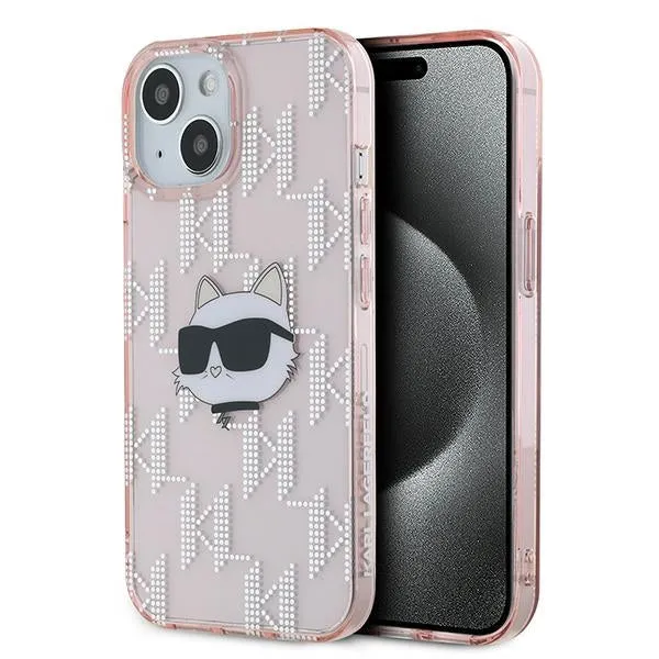 Custodia per Apple iPhone 15, Karl Lagerfeld, IML Luxury Monogram Choupette's Head, Rosa - immagine 1