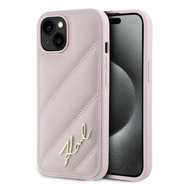 Custodia per Apple iPhone 15, Karl Lagerfeld, Diagonal Quilted Script, Rosa - immagine 1