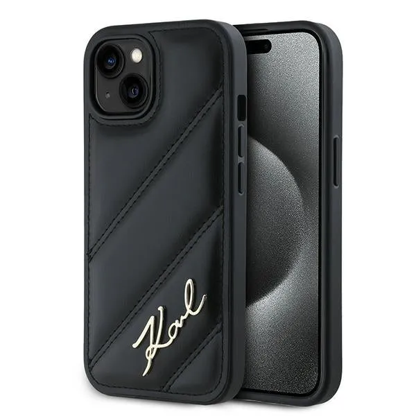 Custodia per Apple iPhone 15, Karl Lagerfeld, Diagonal Quilted Script, Nera - immagine 1