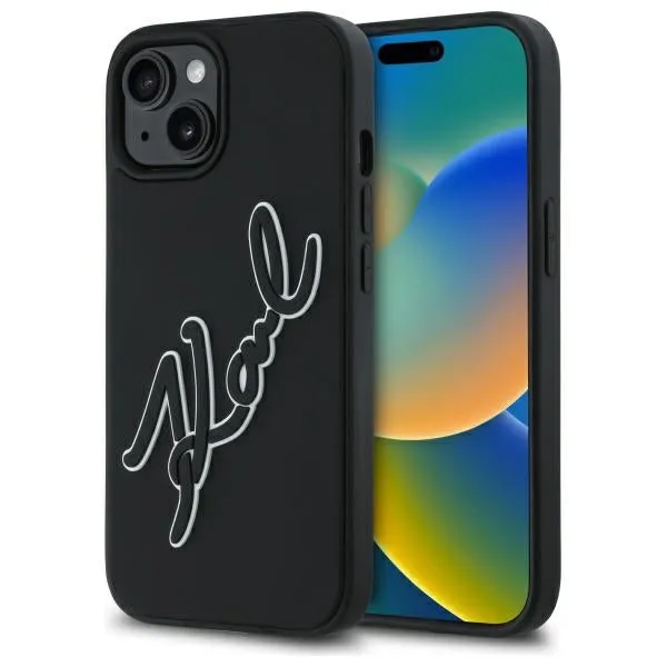 Custodia per Apple iPhone 15, Karl Lagerfeld, 3D Rubber Signature, Nera - immagine 1