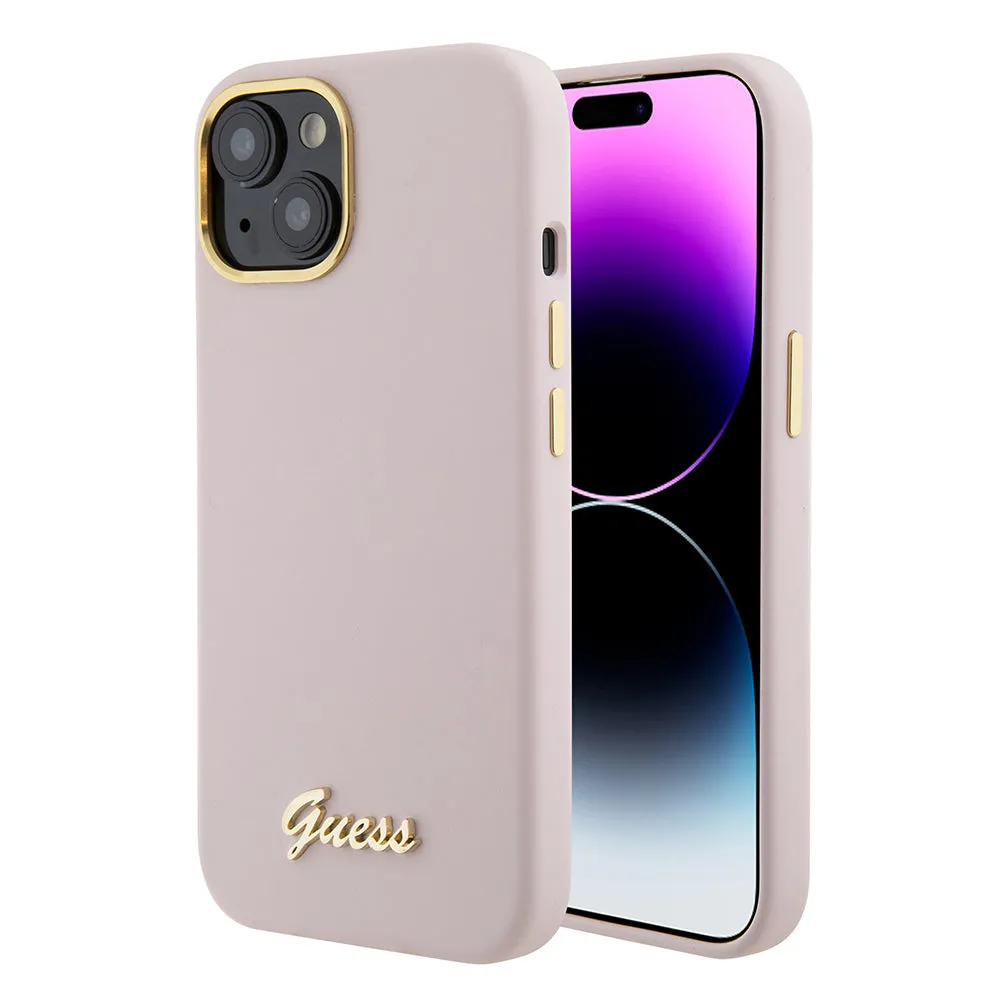 Custodia per Apple iPhone 15, Guess, Script Metal Logo & Frame, Rosa Chiaro - immagine 1