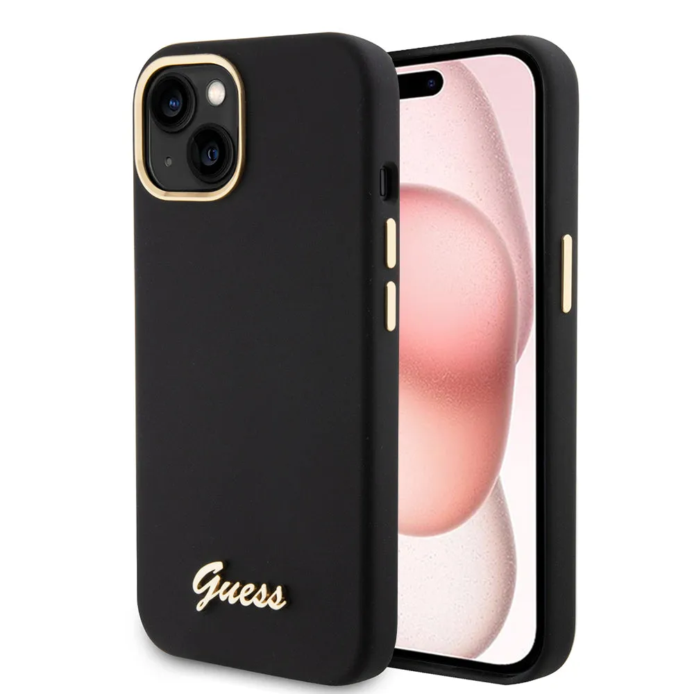 Custodia per Apple iPhone 15, Guess, Script Metal Logo & Frame, Nera - immagine 1