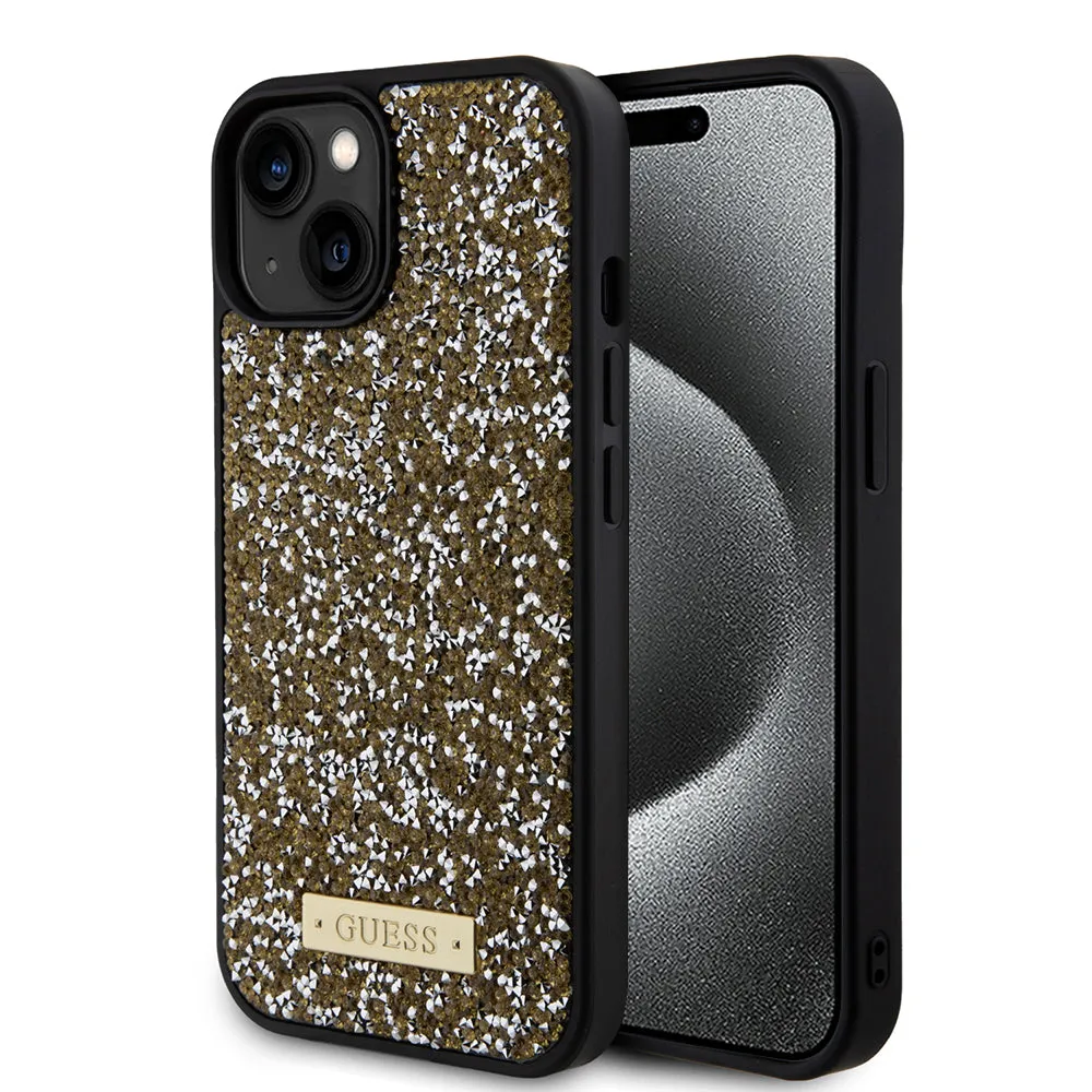 Custodia per Apple iPhone 15, Guess, Rhinestone Metal Logo, Gialla - immagine 1