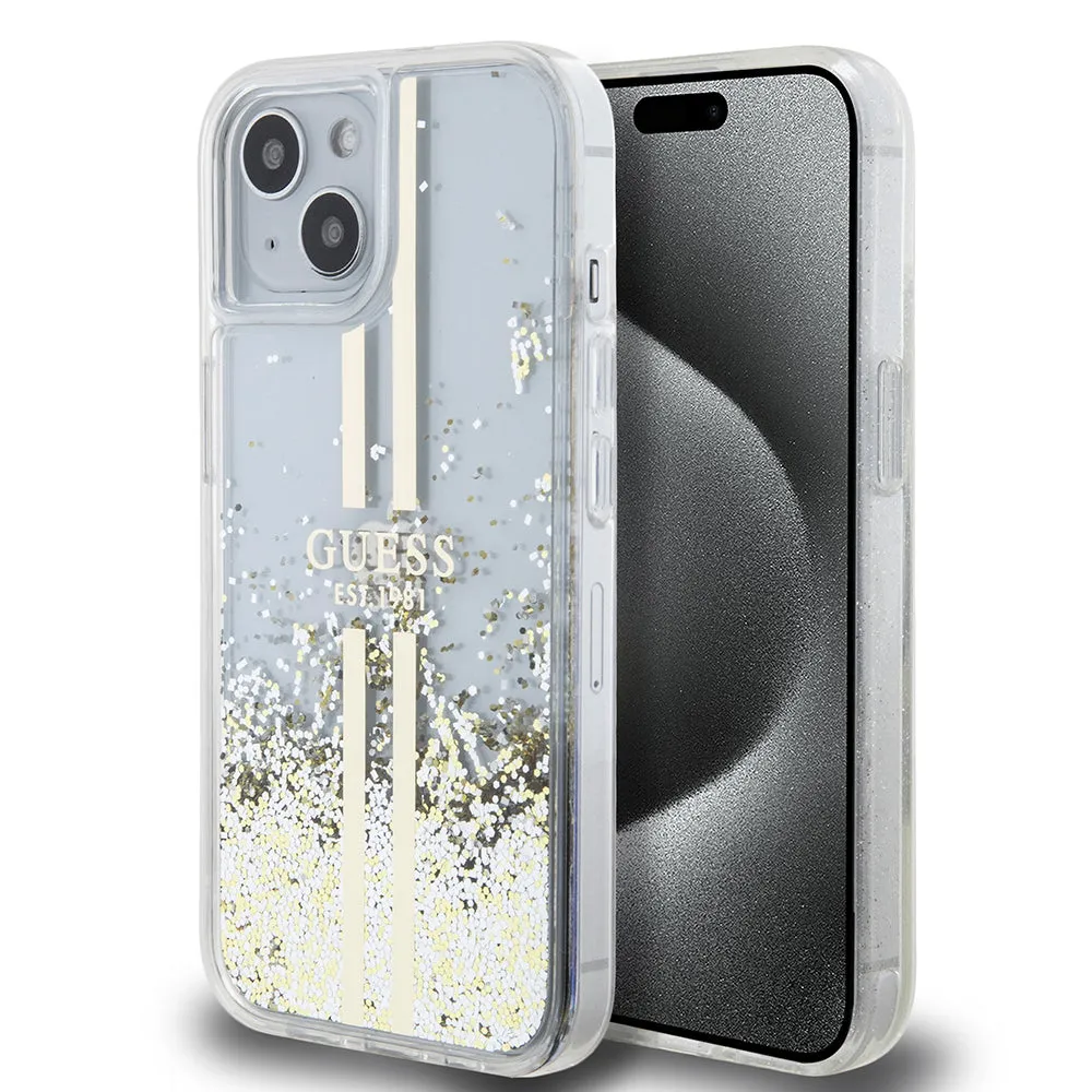 Custodia per Apple iPhone 15, Guess, Liquid Glitter Gold Stripes, Trasparente - immagine 1