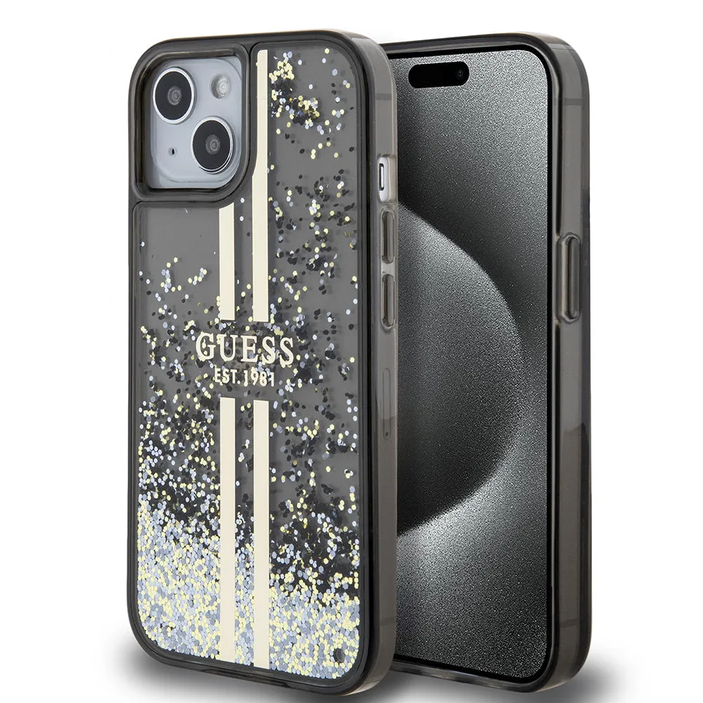 Custodia per Apple iPhone 15, Guess, Liquid Glitter Gold Stripes, Nera - immagine 1