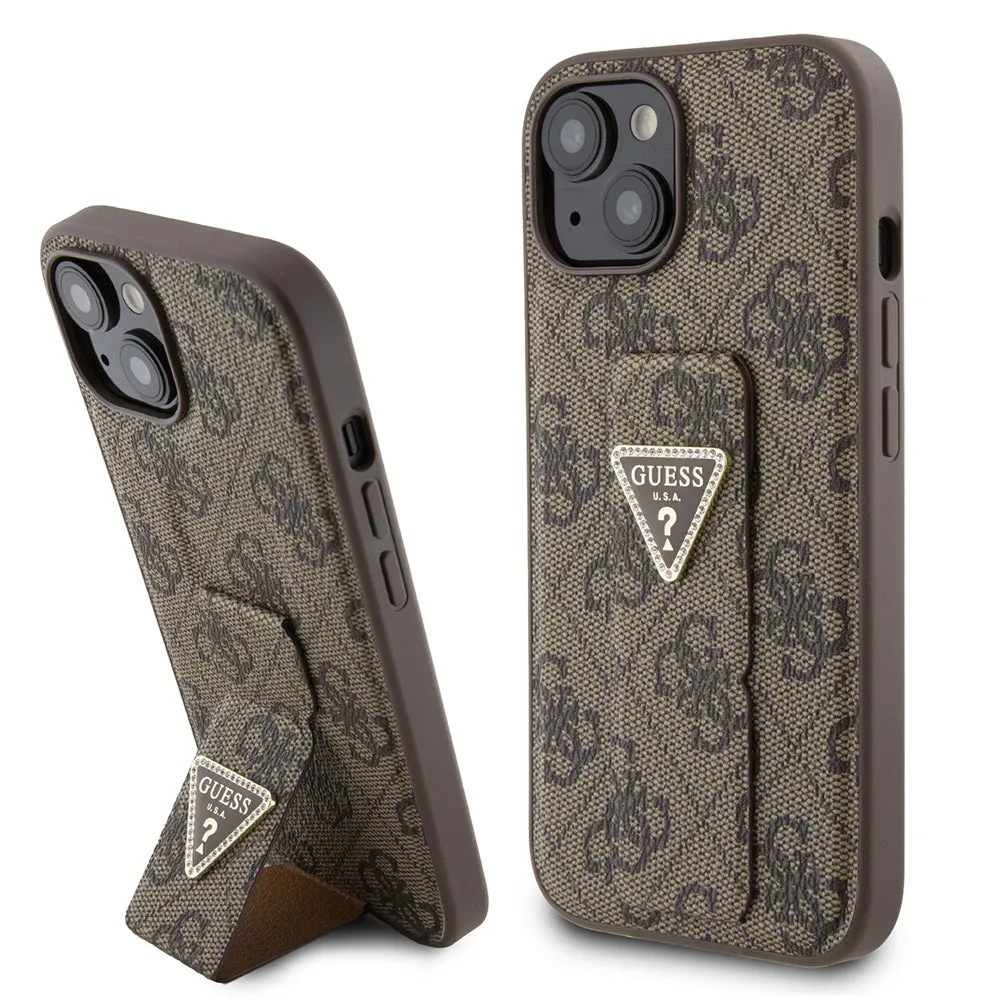Custodia per Apple iPhone 15, Guess, Grip Stand 4G Triangle Strass, Marrone - immagine 1