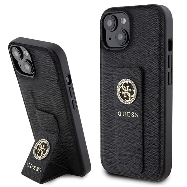 Custodia per Apple iPhone 15, Guess, Grip Stand 4G Saffiano Strass, Nera - immagine 1