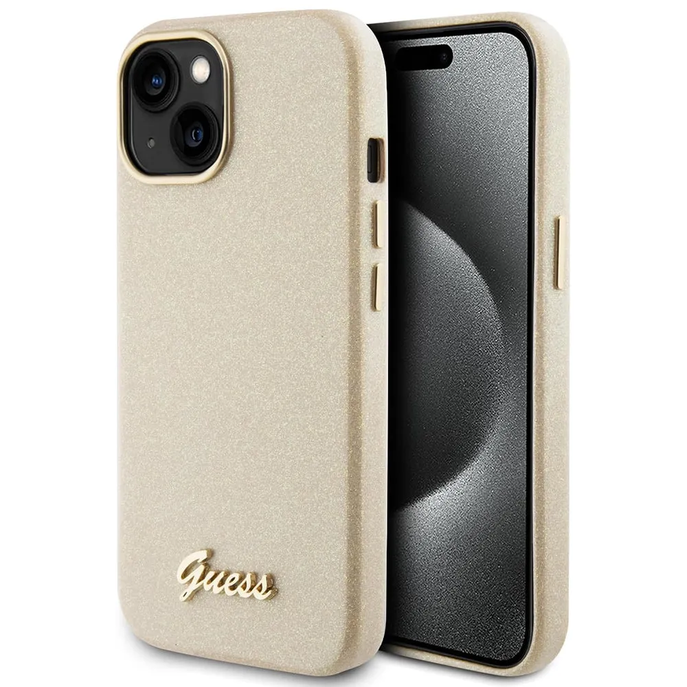 Custodia per Apple iPhone 15, Guess, Glitter Glossy Script, Beige - immagine 1