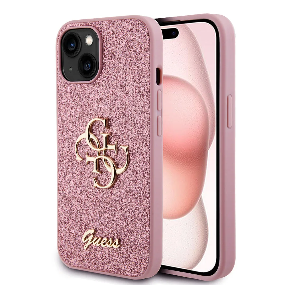 Custodia per Apple iPhone 15, Guess, Glitter Big 4G Script, Rosa - immagine 1
