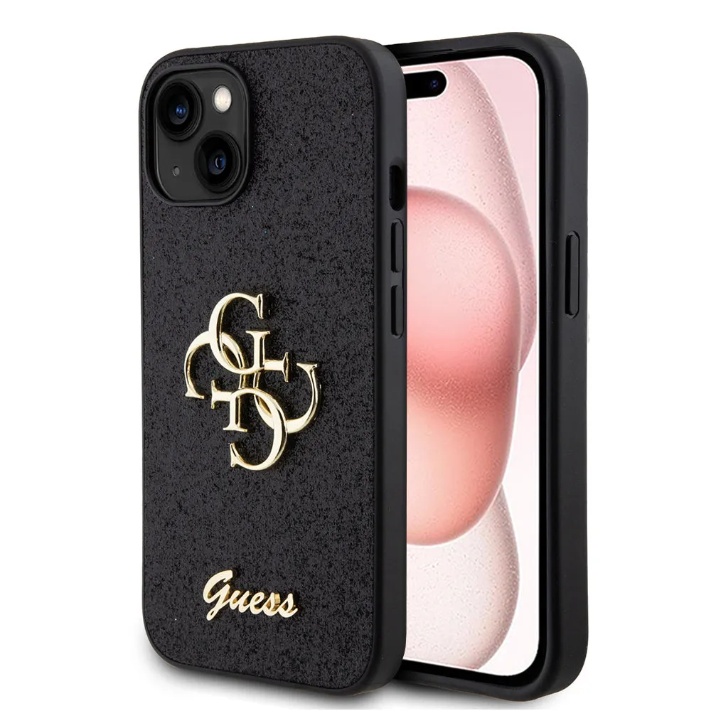 Custodia per Apple iPhone 15, Guess, Glitter Big 4G Script, Nera - immagine 1
