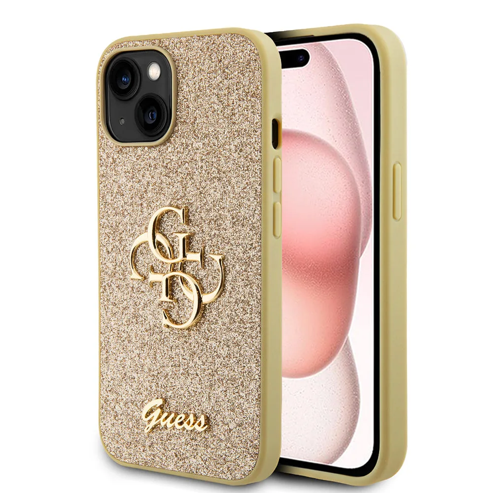 Custodia per Apple iPhone 15, Guess, Glitter Big 4G Script, Dorata - immagine 1