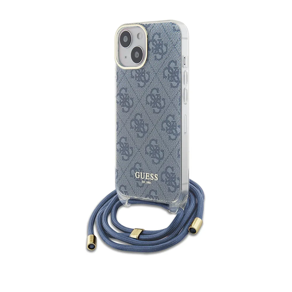 Custodia per Apple iPhone 15, Guess, Crossbody Cord 4G Print, Blu - immagine 1
