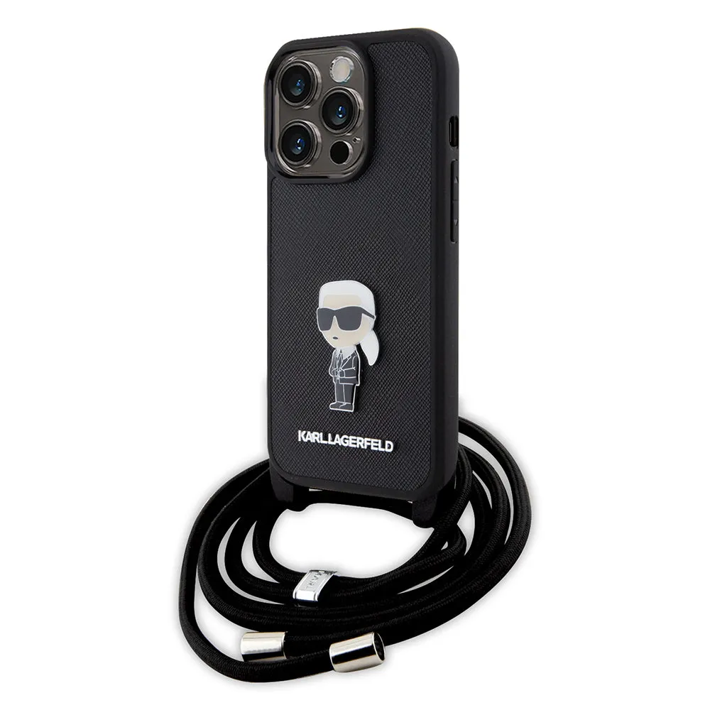 Custodia per Apple iPhone 15 Pro, Karl Lagerfeld, Saffiano Crossbody Monogram Metal Pin Karl, Nera - immagine 1