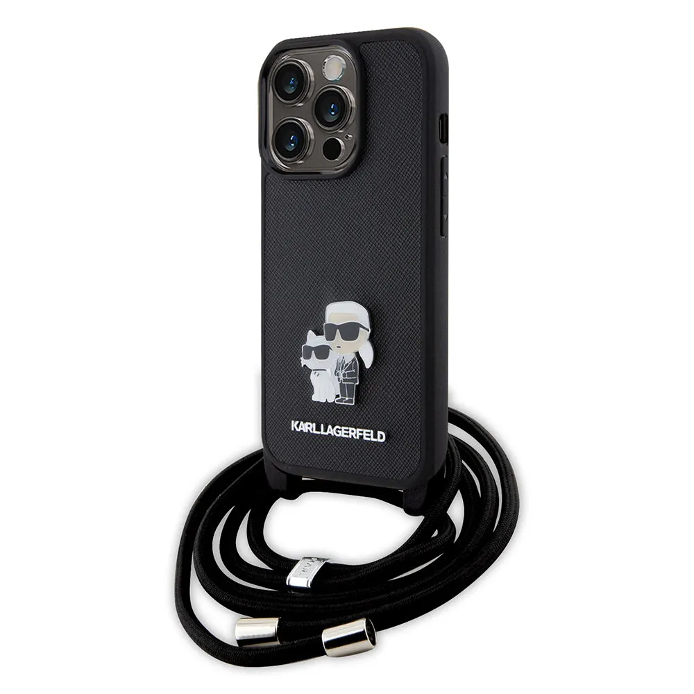 Custodia per Apple iPhone 15 Pro, Karl Lagerfeld, Saffiano Crossbody Metal Pin Karl & Choupette, Nera - immagine 1