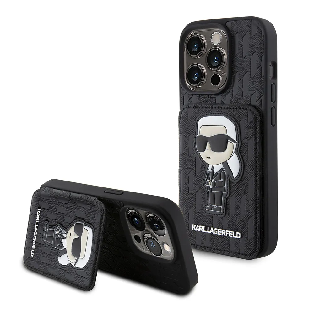 Custodia per Apple iPhone 15 Pro, Karl Lagerfeld, Saffiano Cardslots and Stand Monogram Ikonik Karl, Nera - immagine 1