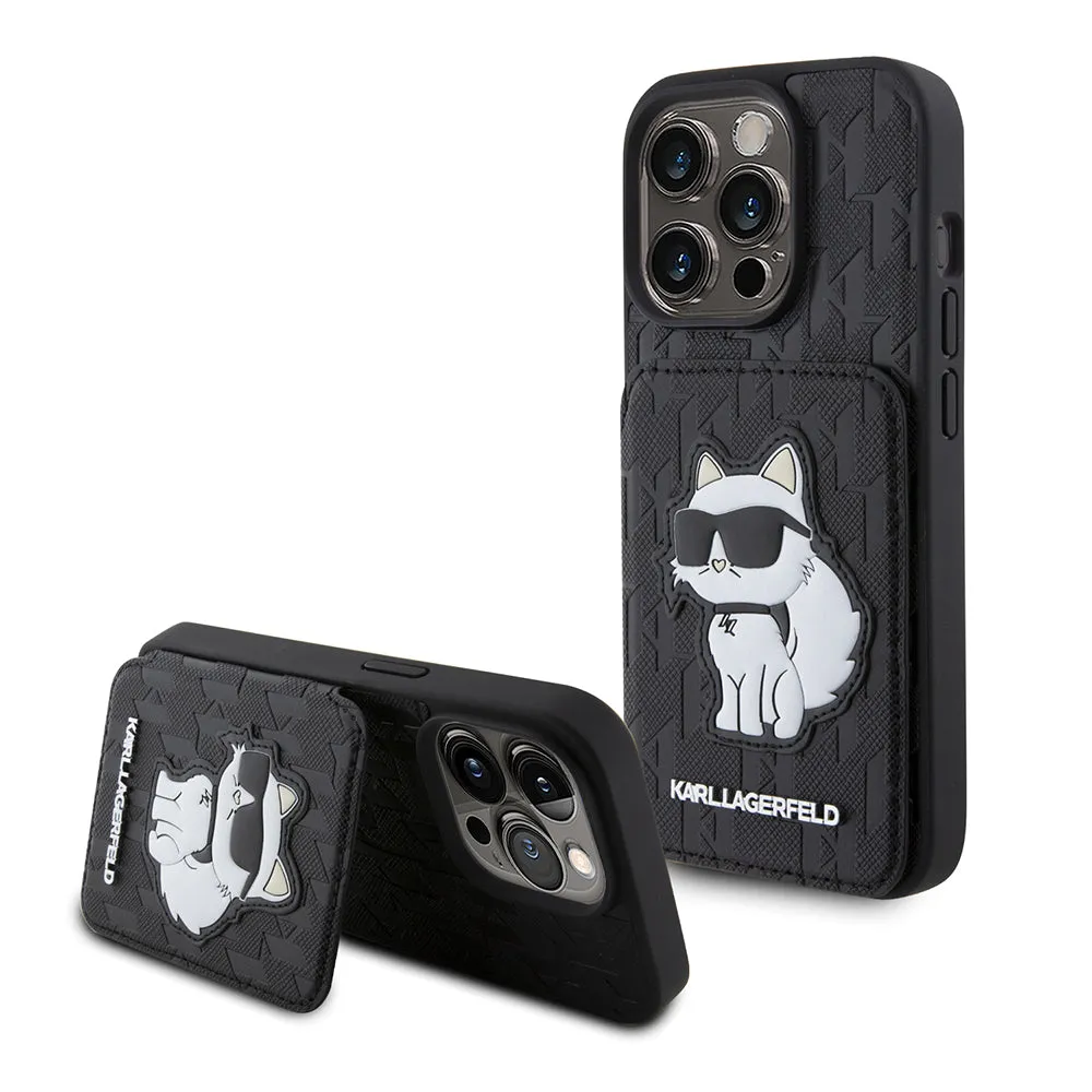 Custodia per Apple iPhone 15 Pro, Karl Lagerfeld, Saffiano Cardslots and Stand Monogram Choupette, Nera - immagine 1