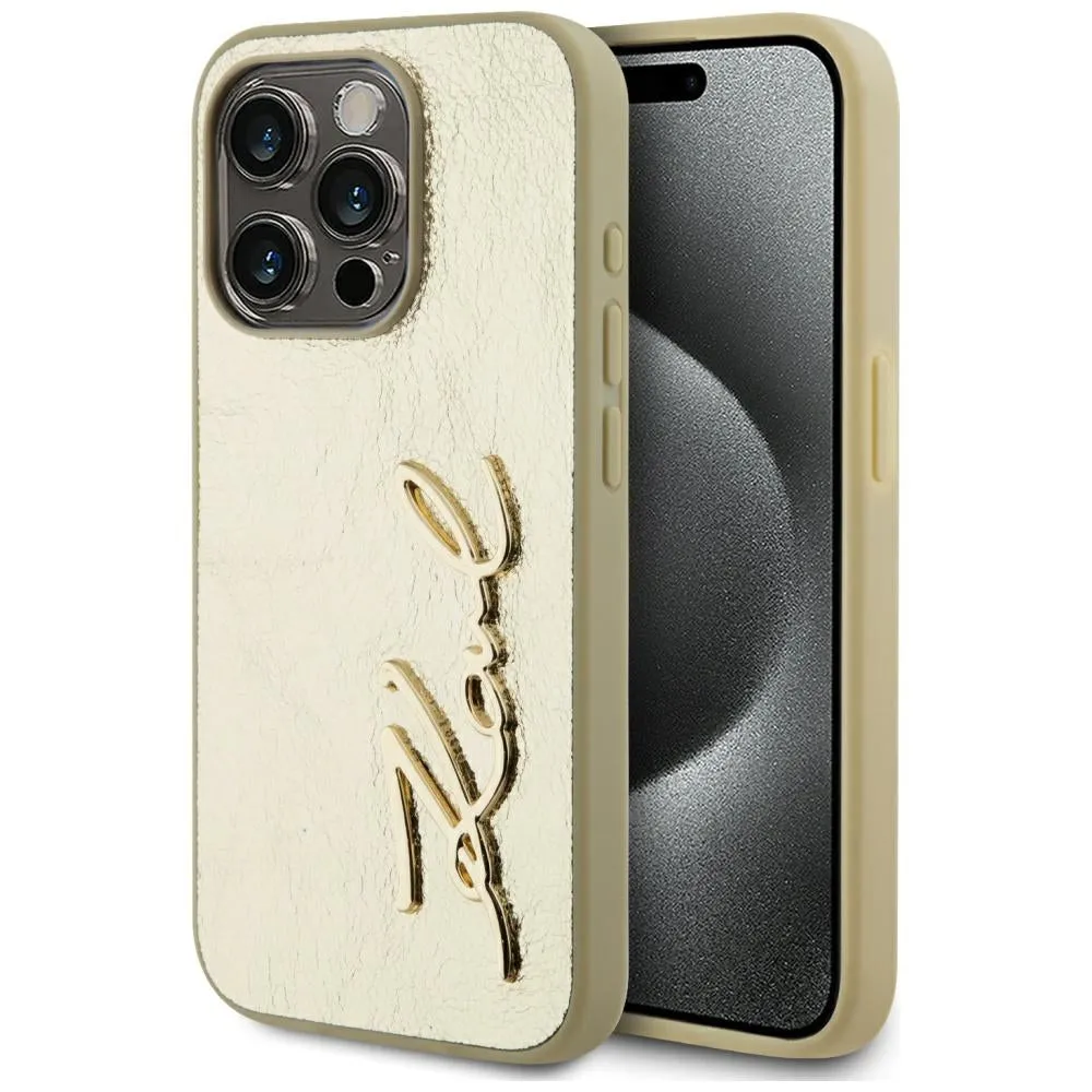 Custodia per Apple iPhone 15 Pro, Karl Lagerfeld, Metal Signature, Dorata - immagine 1