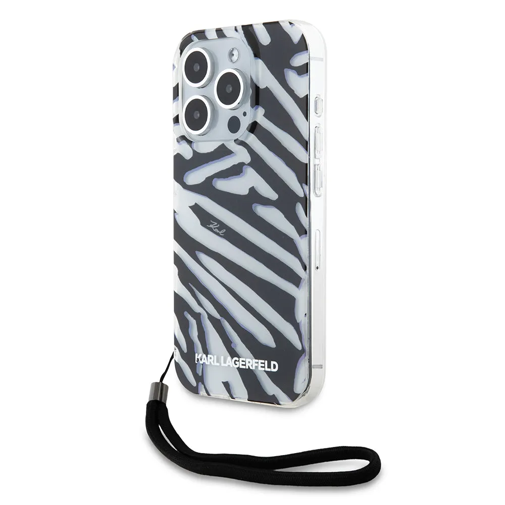 Custodia per Apple iPhone 15 Pro, Karl Lagerfeld, IML Luxury Zebra Pattern con Cinturino, Nera - immagine 1