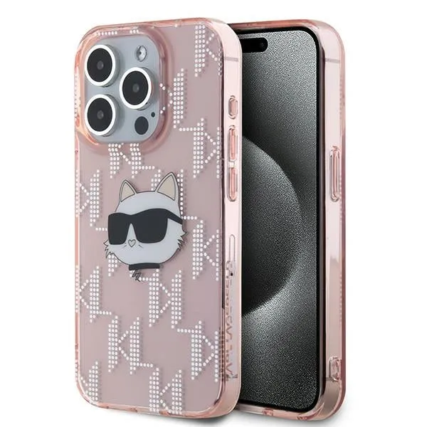 Custodia per Apple iPhone 15 Pro, Karl Lagerfeld, IML Luxury Monogram Choupette's Head, Rosa - immagine 1