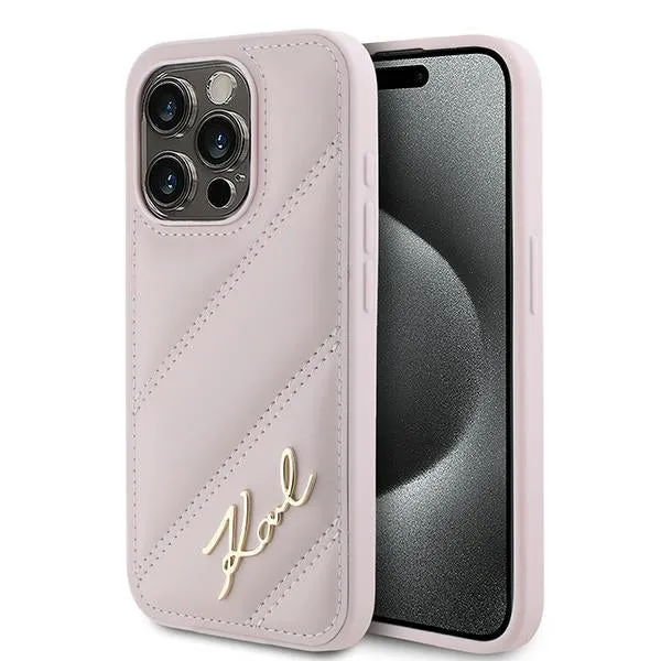Custodia per Apple iPhone 15 Pro, Karl Lagerfeld, Diagonal Quilted Script, Rosa - immagine 1
