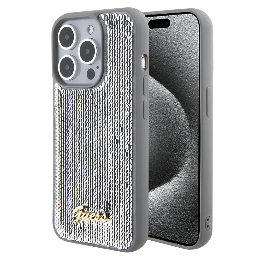 Custodia per Apple iPhone 15 Pro, Guess, Sequin Script Metal, Argento - immagine 1