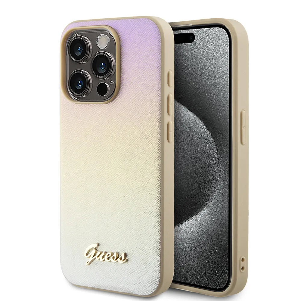 Custodia per Apple iPhone 15 Pro, Guess, Saffiano Iridescent Script, Dorata - immagine 1
