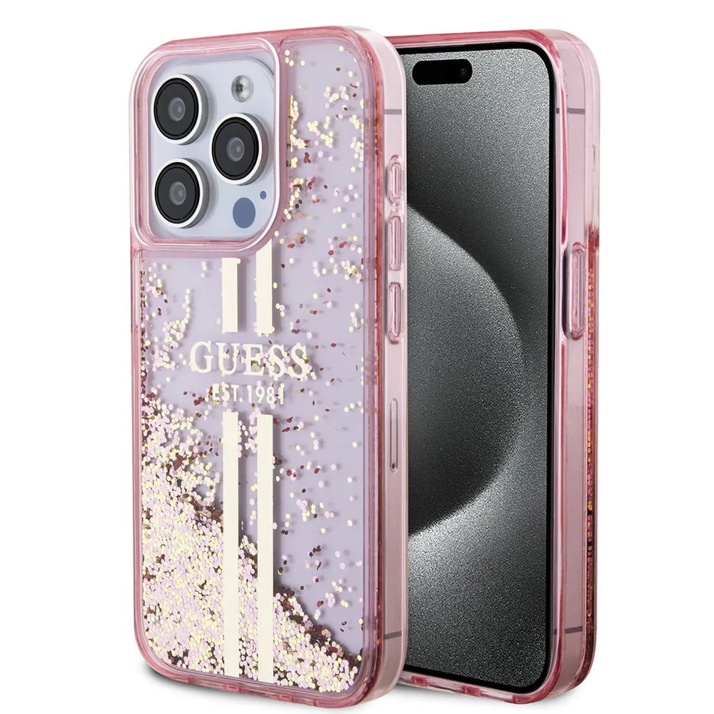 Custodia per Apple iPhone 15 Pro, Guess, Liquid Glitter Gold Stripes, Rosa - immagine 1