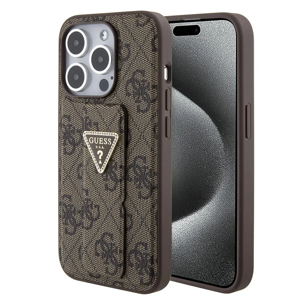 Custodia per Apple iPhone 15 Pro, Guess, Grip Stand 4G Triangle Strass, Marrone - immagine 1