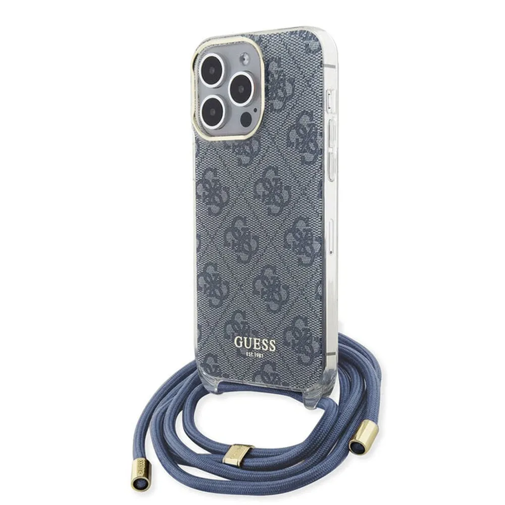 Custodia per Apple iPhone 15 Pro, Guess, Crossbody Cord 4G Print, Blu - immagine 1