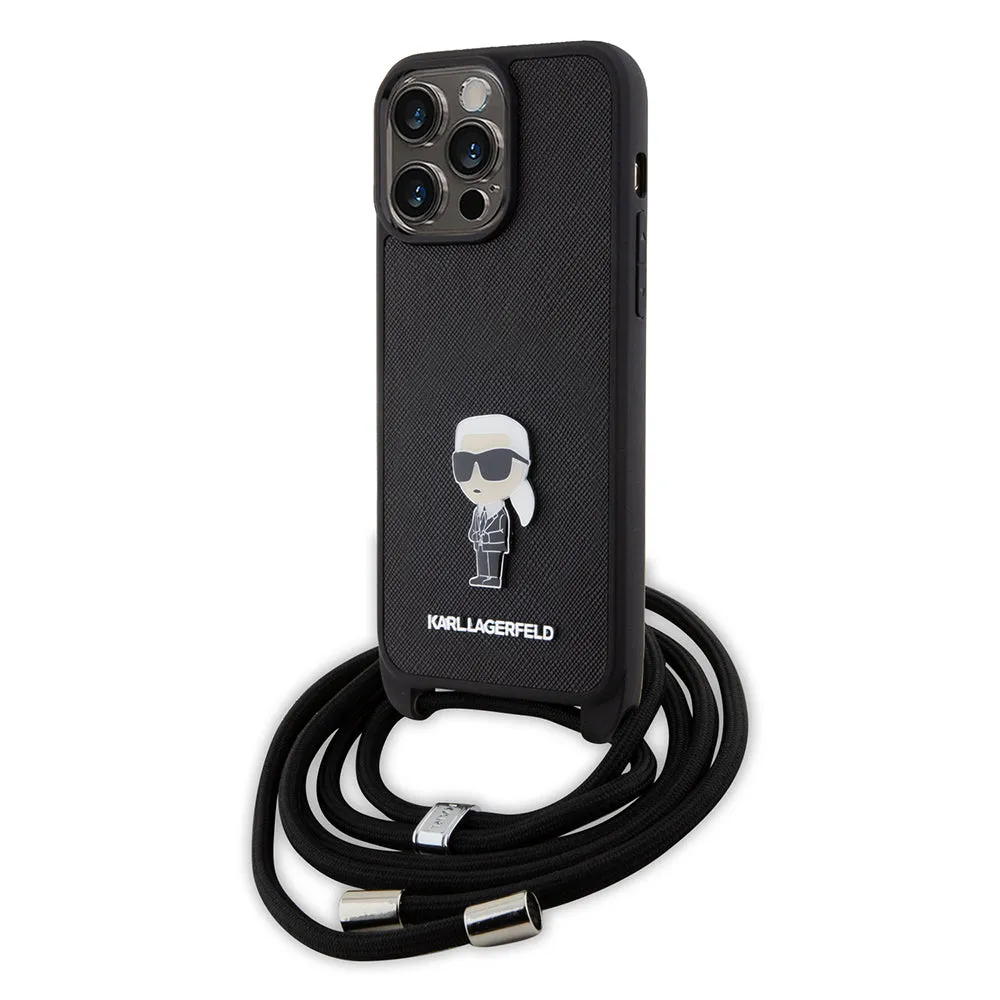 Custodia per Apple iPhone 15 Pro Max, Karl Lagerfeld, Saffiano Crossbody Monogram Metal Pin Karl, Nera - immagine 1